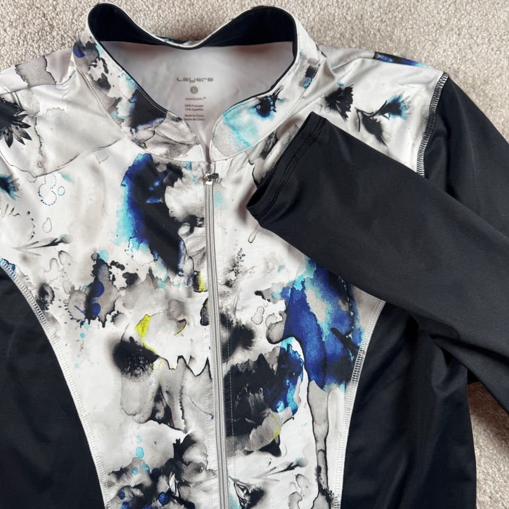 Layers Womens Large Full Zip Quick Dry Athletic Jacket Abstract Watercolor Blue
